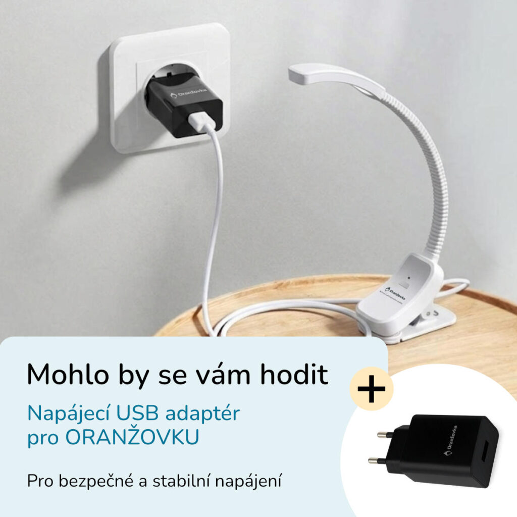 LED lampa na čtení ORANŽOVKA bez modrého světla a adaptér pro nabíjení