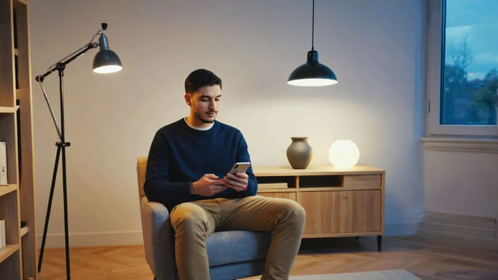 Muž sedí v křesle a na telefonu nastavuje chytrá svítidla